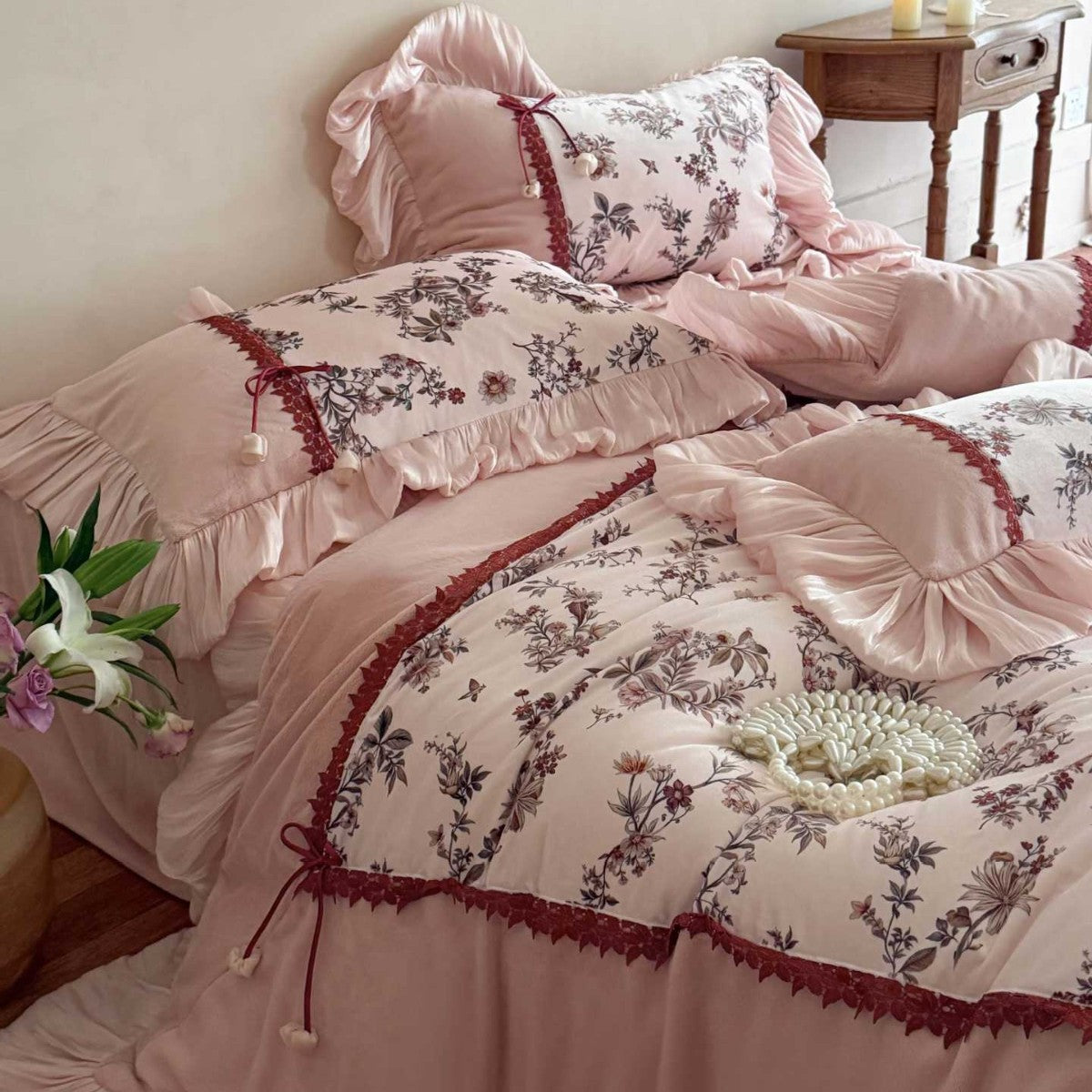 Romantisches Floral Rüschende Bettbezug & Dekorative Kissenbezug Bettwäsche Set