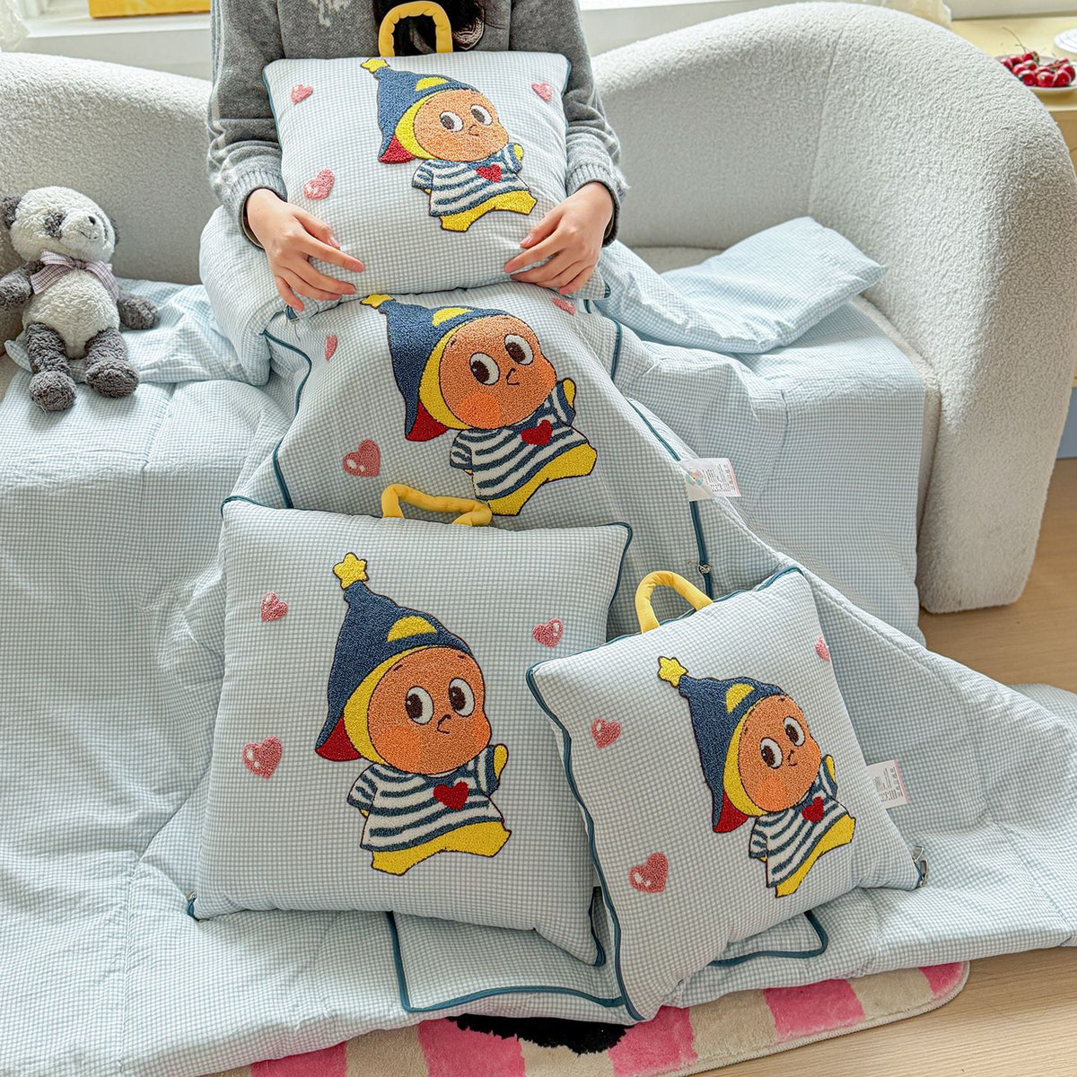 Kinder gestickte gesteppte Cartoon Bettwäsche Set mit Tragegriff Kissen