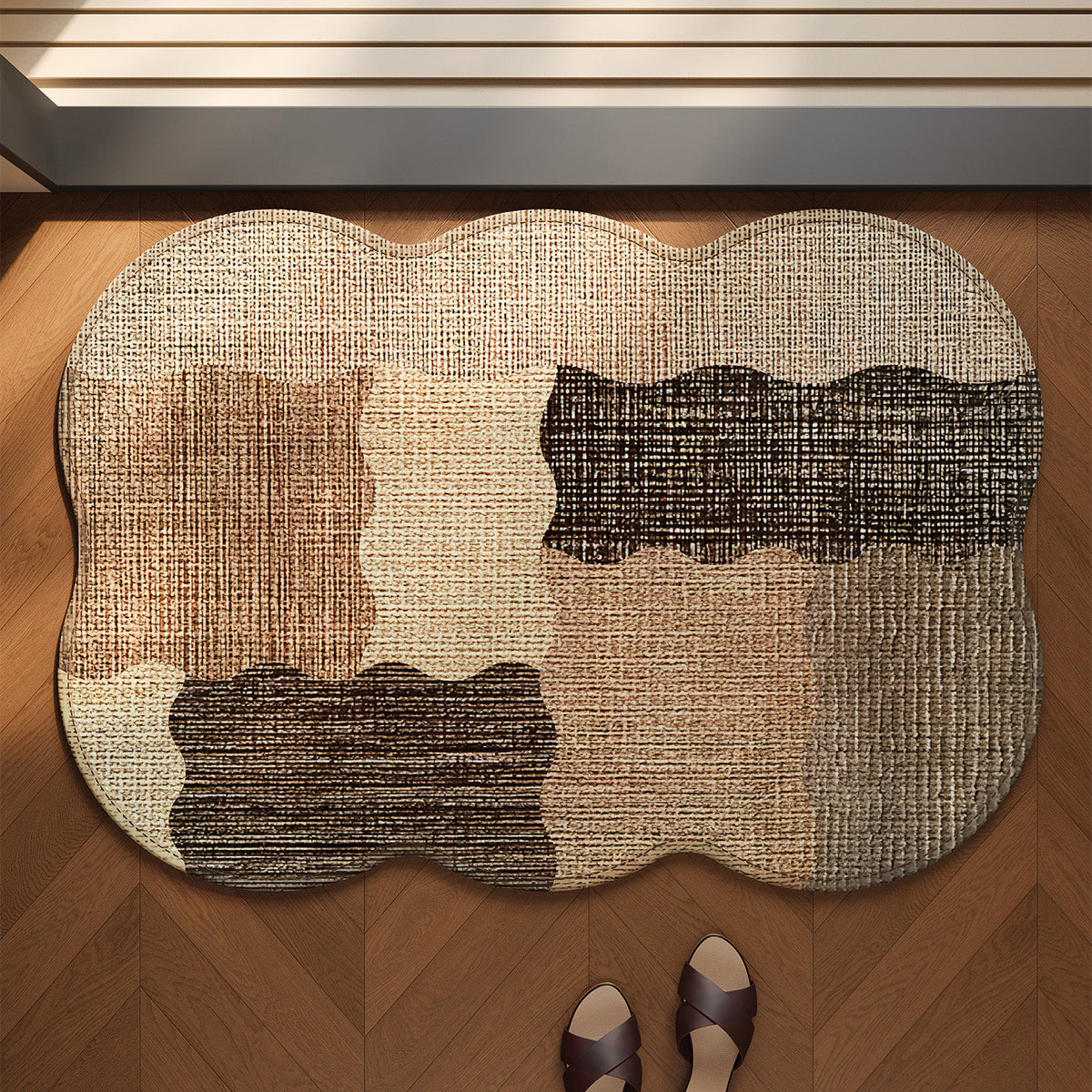 Wavy-Edge Low-Pile Patchwork Entrance Rug with Anti-Slip Backing
