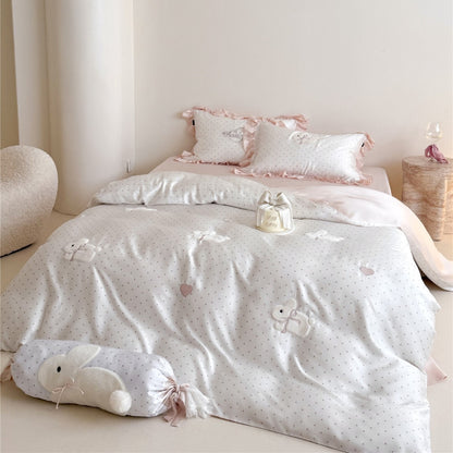 Polka Dot Bestickte Bunny Baumwollsatin Bettbezug Set
