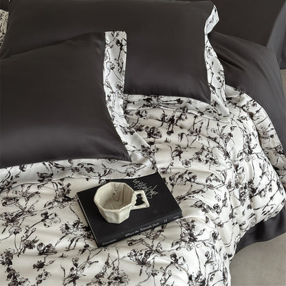 Luxuriöses Satin-Bettwäsche-Set mit floralem Aquarellprint und Satinkante