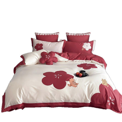 Baumwoll-Satin Bettbezug Set mit bestickter Fuchs und Katze Applikation