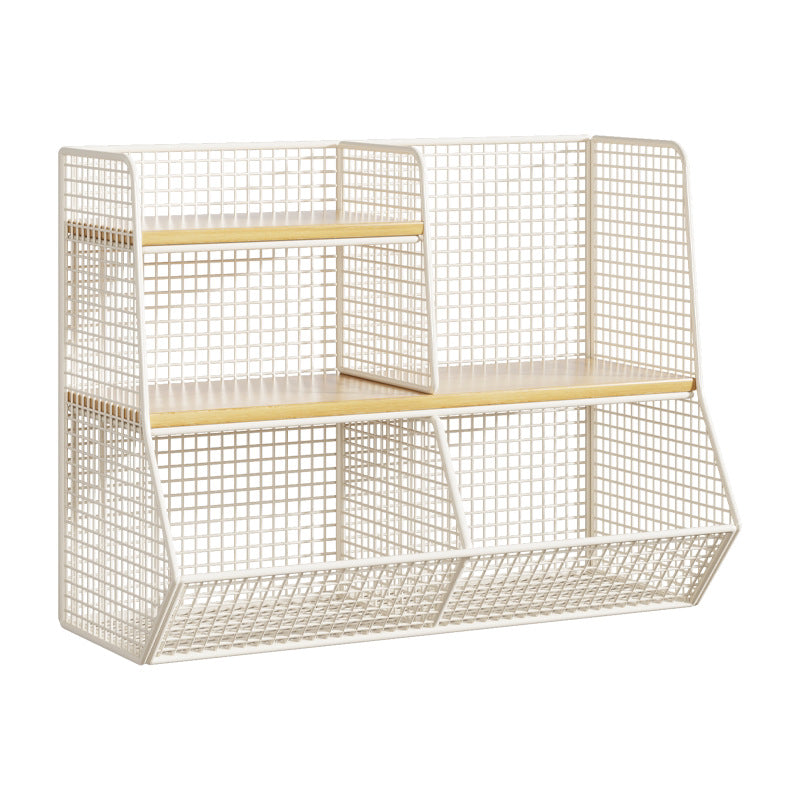 Doppel-Tier-Mesh-Metall-Schreibtisch-Organizer mit Holzregalen