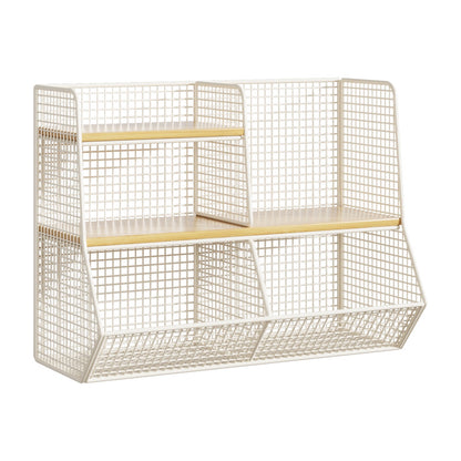 Doppel-Tier-Mesh-Metall-Schreibtisch-Organizer mit Holzregalen