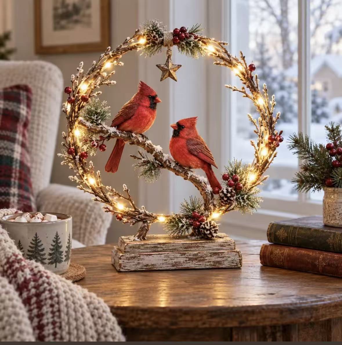 Dekorativer Weihnachtskranz mit Lichtern und Vögeln Brehn