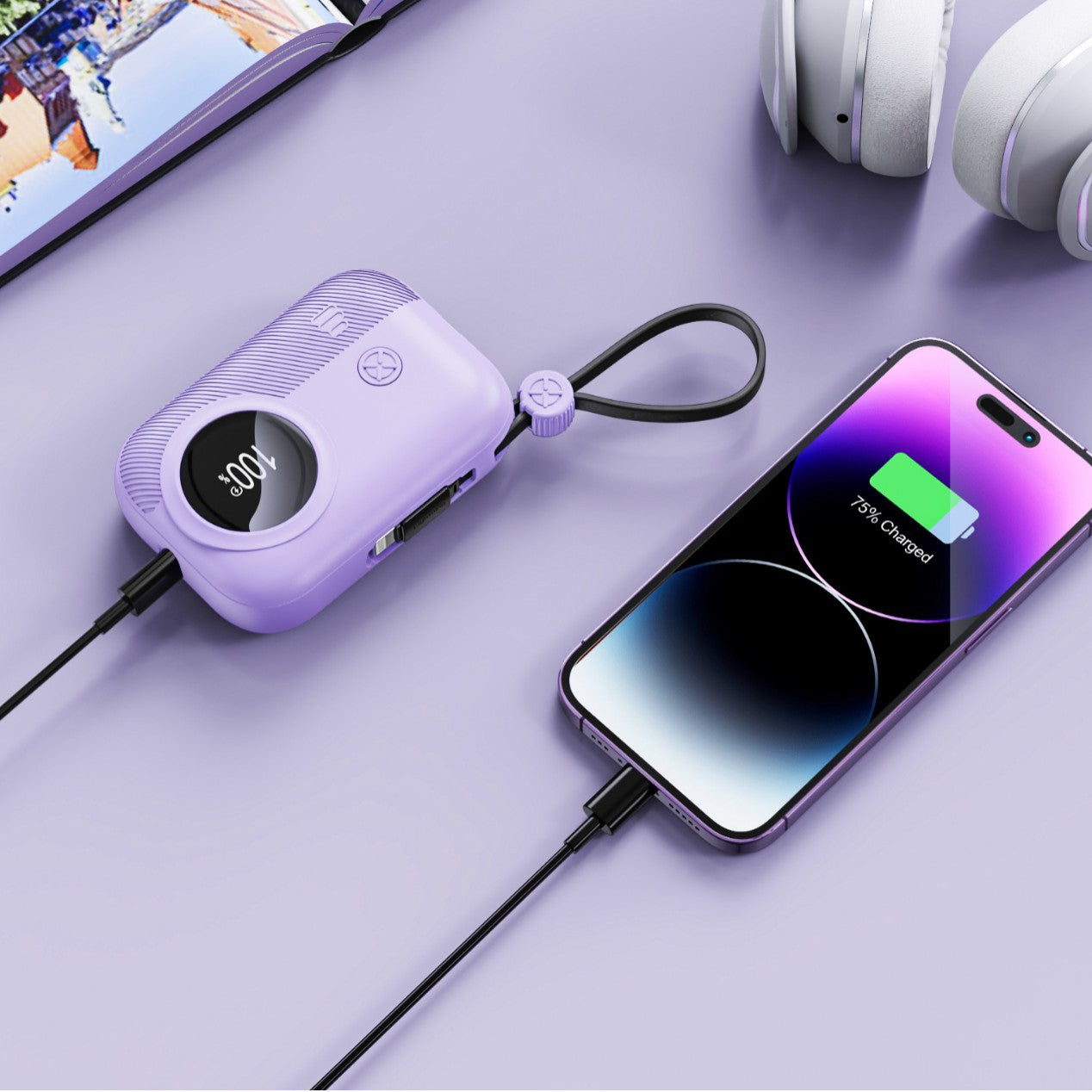 Kompakte Powerbank mit Integriertem Ladestecker und Digitaler Feuchtigkeitsanzeige Brehn