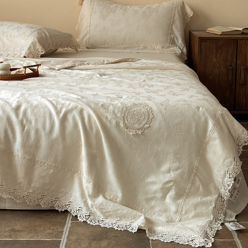 Bestickte Jacquard-Baumwoll-Spitzenbettdecke und Kissenbezug-Set