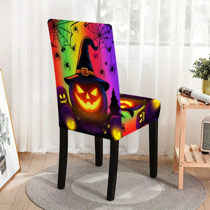 Elastische Stretch-Stuhlhusse für hohe Rückenlehnen mit detailreichem Halloween-Kürbis-Print