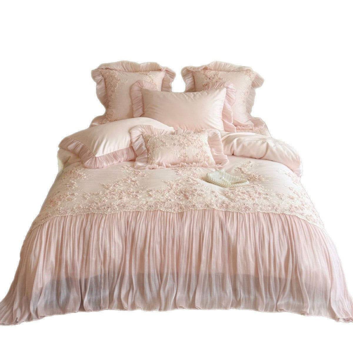 Romantische Bestickte Satin-Chiffon Rüsch Bettwäsche Set