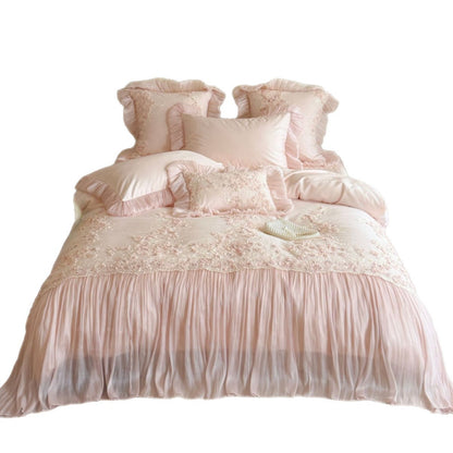 Romantische Bestickte Satin-Chiffon Rüsch Bettwäsche Set