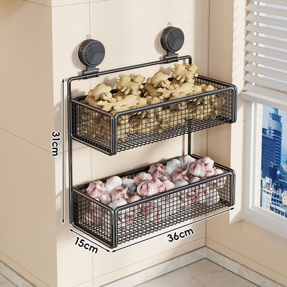 Wandmontierte Saugnetz-Obstlagerschalen-Set mit doppelt verstellbarem Regal