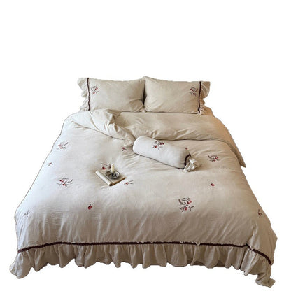 Cottage-Style Gewaschenes Leinen Bestickte Bettbezug Set mit Rüschensaum & Nackenrolle