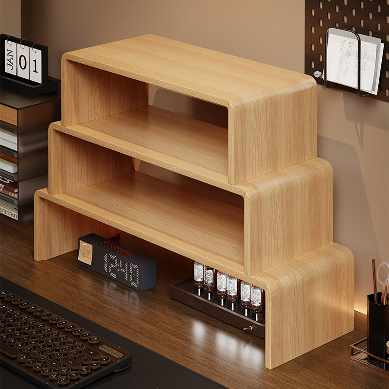 Niedrigprofilierte gebogene Desktop-Monitor-Plattform mit integriertem Unterregal-Organizer und ambienter Hintergrundbeleuchtung