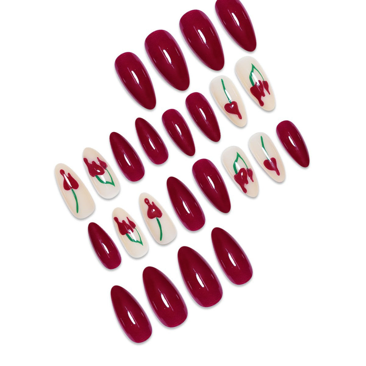 Künstlerische Press-On-Nagelerweiterungen mit Kirschdesign Brehn