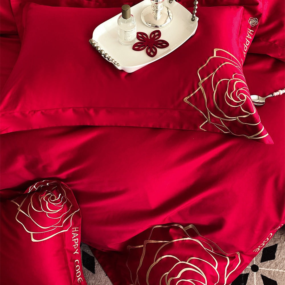 Luxuriöses Bettwäsche-Set aus Baumwollsatin mit Rosenstickerei