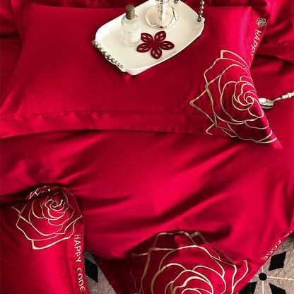 Luxuriöses Bettwäsche-Set aus Baumwollsatin mit Rosenstickerei