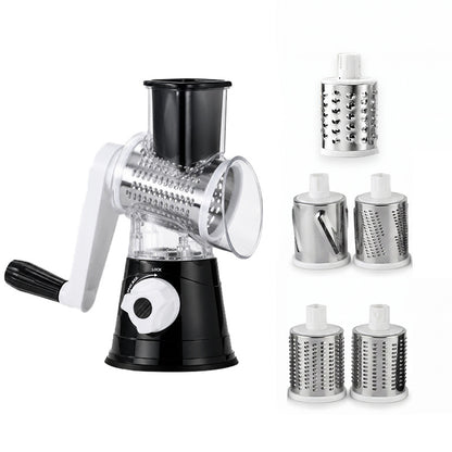 Manual Rotary Vegetable Grater with Multiple Interchangeable Stainless Steel Drum Blades and Suction Base