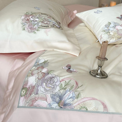 Luxuriöses floral besticktes Baumwollsatin-Bettwäsche-Set mit Volant und Zierkissen Brehn