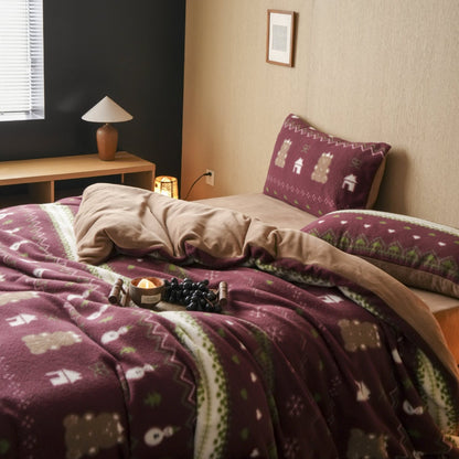 Mikrofaser-Fleece-Bettwäscheset mit Wendefunktion und winterlichem Norweger- & Schafmotiv