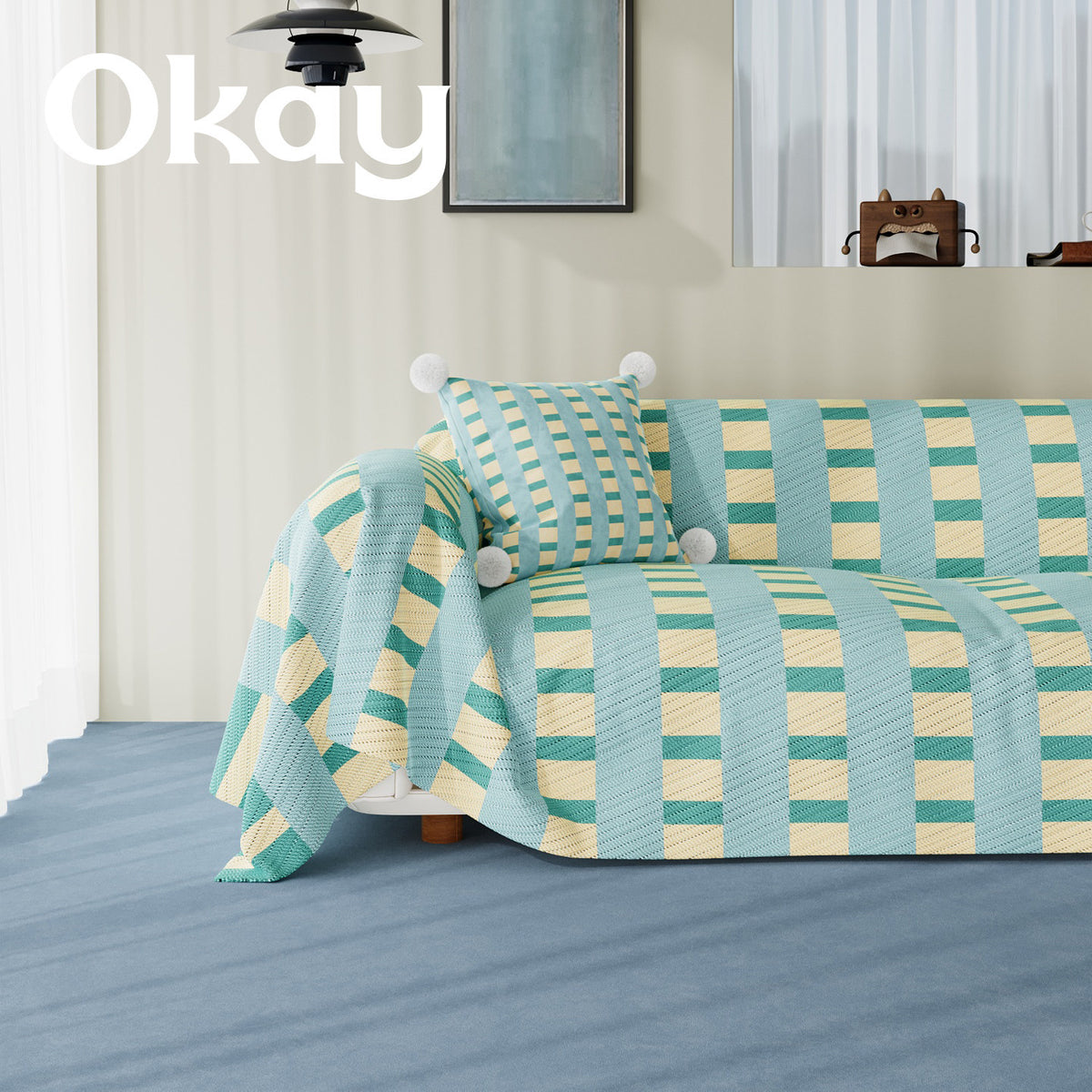 Stretch-Fit Quilted Sofa Slipcover with Pom-Pom Accent Pillowcase