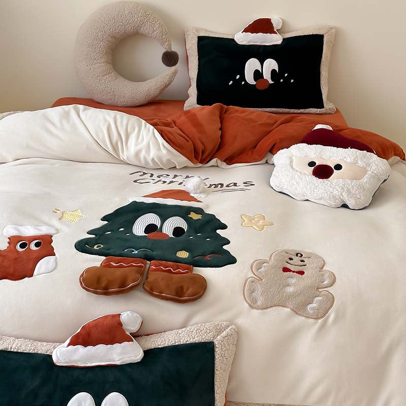 Weihnachtliches Kuschelbettwäsche-Set mit 3D-Applikationen und Teddyfleece