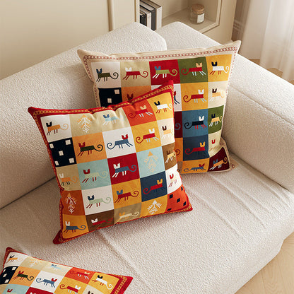 Square Decorative Throw Pillow Cover with Colorful Geometric Cat Motif and Piped Edge