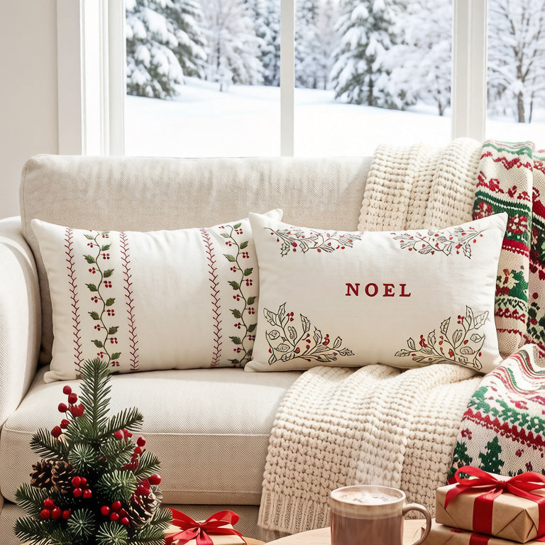 Bestickter Feiertags-Lendenkissenbezug mit NOEL-Stechpalmenmotiv