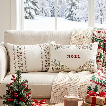 Bestickter Feiertags-Lendenkissenbezug mit NOEL-Stechpalmenmotiv