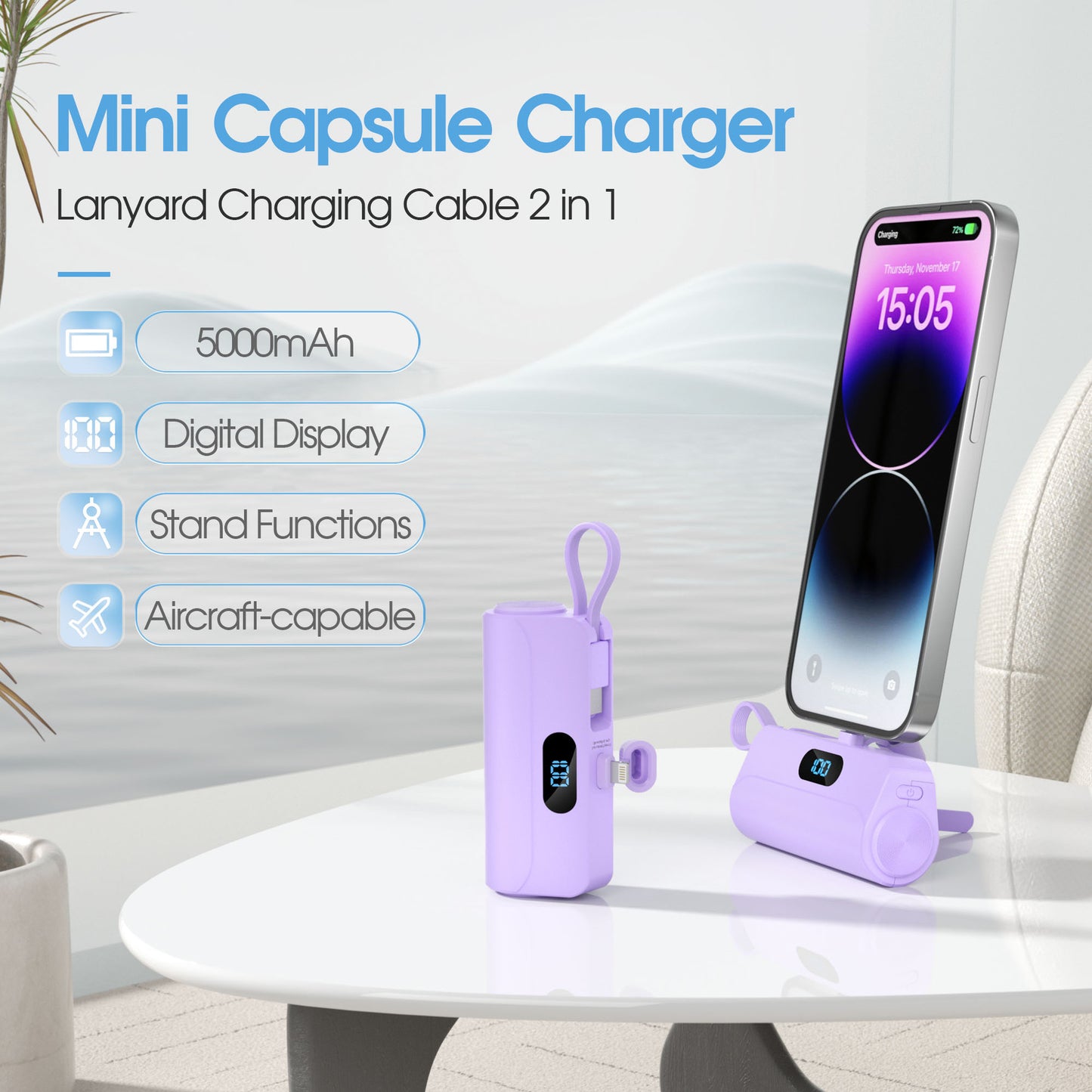 Tragbare Powerbank mit Integriertem Micro-Usb-Kabel und Led-Taschenlampe Brehn