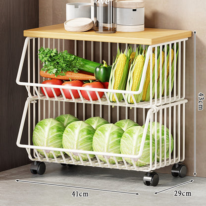 Vertikaler Fünf-Tier-Rollwagen für die Lagerung von Küchenprodukten mit Holzoberfläche und herausziehbaren Drahtkörben