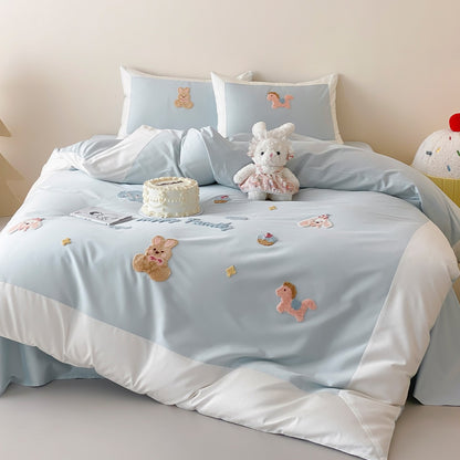 Baumwoll-Satin Applikation Hase Bettbezug Set mit Kontrastbordüre und Dekokissenbezügen