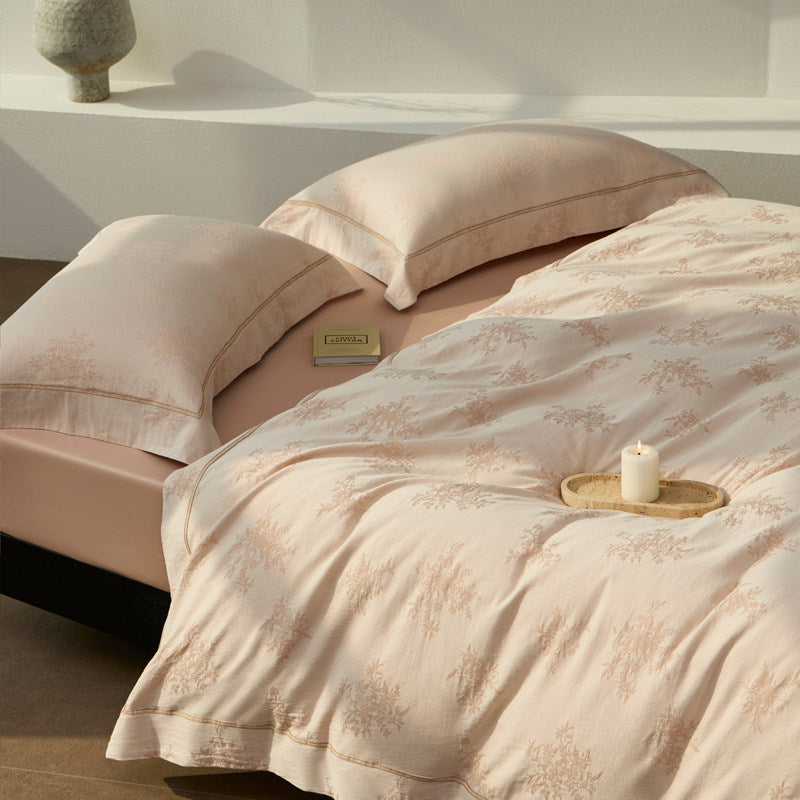 Botanisches Jacquard Baumwollsatin Bettwäsche Set mit Kontrastpaspel