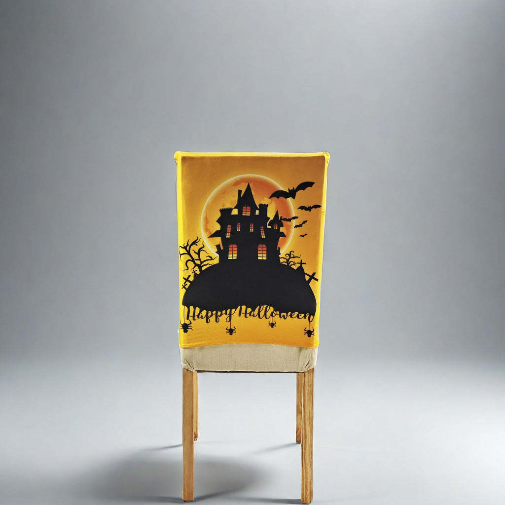Stretch-Stuhlrückenbezug mit detailreichem Kürbis-Aquarellprint und Fledermausakzenten