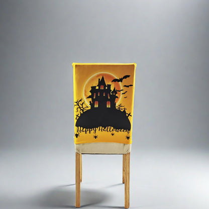 Stretch-Stuhlrückenbezug mit detailreichem Kürbis-Aquarellprint und Fledermausakzenten