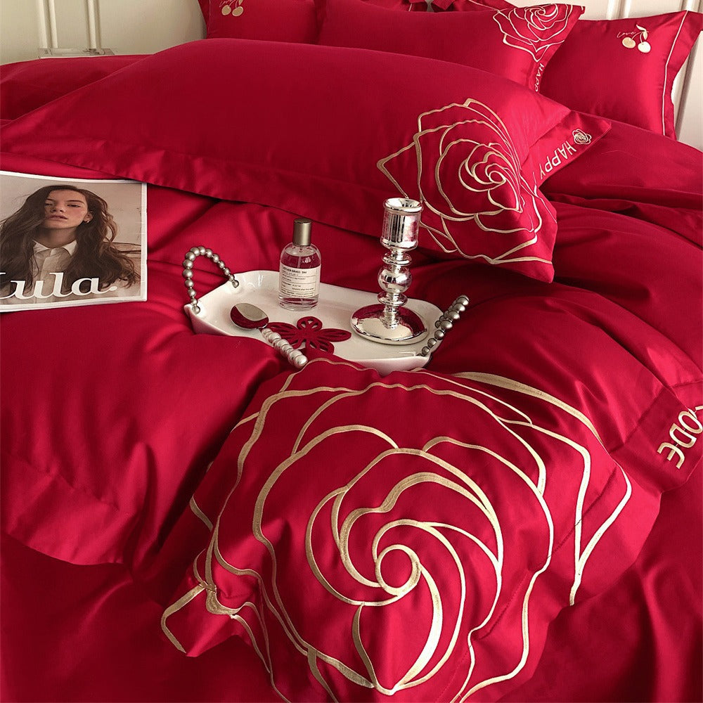 Luxuriöses Bettwäsche-Set aus Baumwollsatin mit Rosenstickerei
