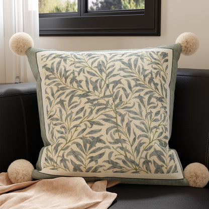 Embroidered Botanical Velvet Throw Pillow with Pom Pom Corners