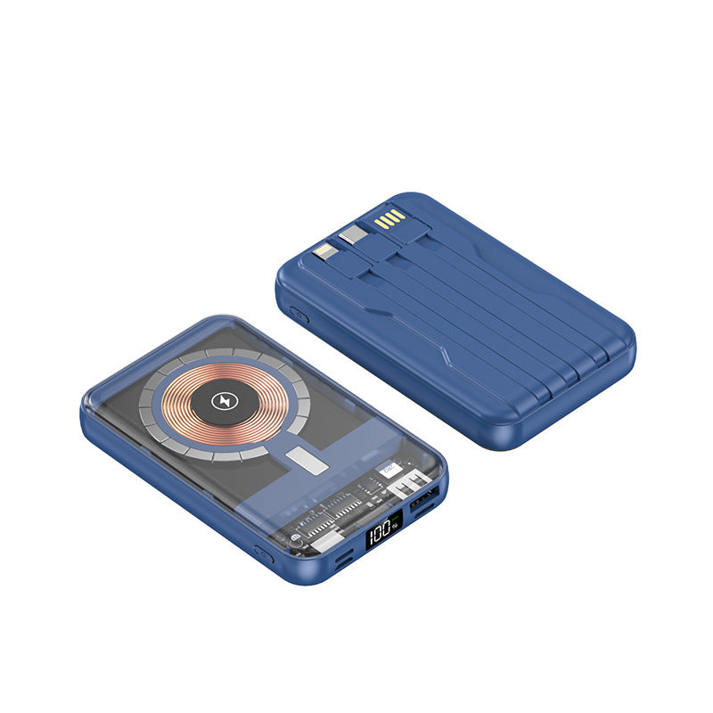Tragbare Powerbank mit kabelloser Ladefunktion und integriertem Kabelsystem Brehn