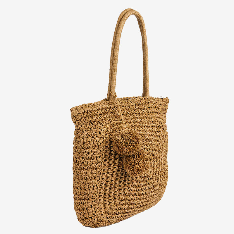 Damen Handgefertigte Basttasche mit verspieltem Pompon-Detail Brehn