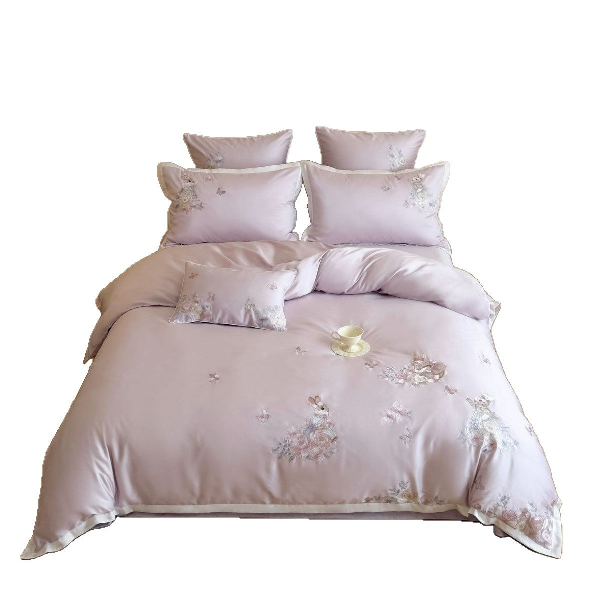 Bestickte Satin-Feel Bettbezug- und Kissenbezug-Set mit floralem Hase Applikation
