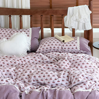Wendbares Baumwoll-Bettwäscheset mit floralem Aquarellprint und Spitzenrand