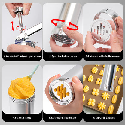 Adjustable Stainless Steel Cookie Press Set with Assorted Decorative Discs and Icing Nozzles