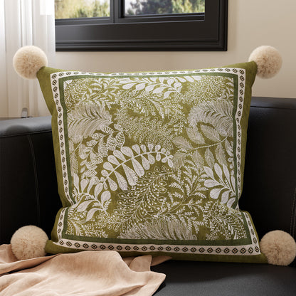 Embroidered Botanical Velvet Throw Pillow with Pom Pom Corners