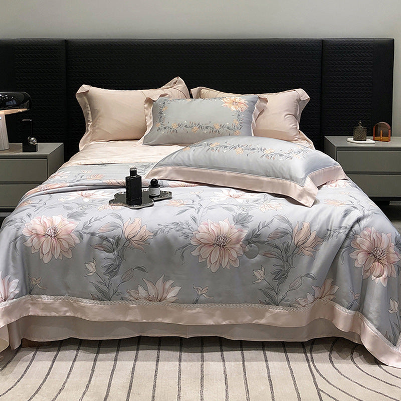 Luxuriöses Baumwollsatin-Bettwäsche-Set mit floralem Aquarellprint und feiner Satinkante