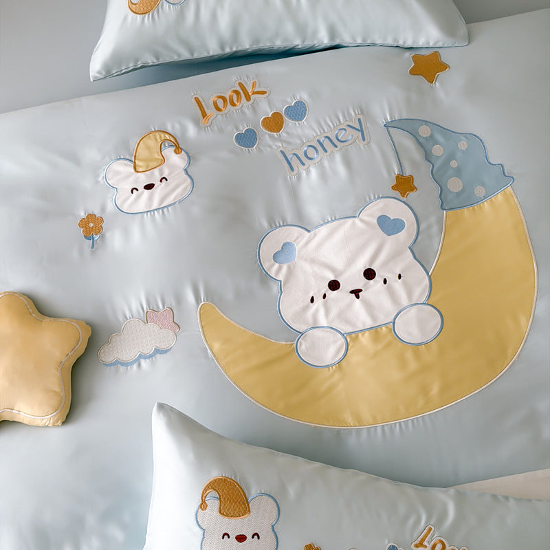 Kinder-Bettwäsche-Set aus Baumwollsatin mit applizierter Mond- und Bärenapplikation, gesteppter Bettdecke Brehn