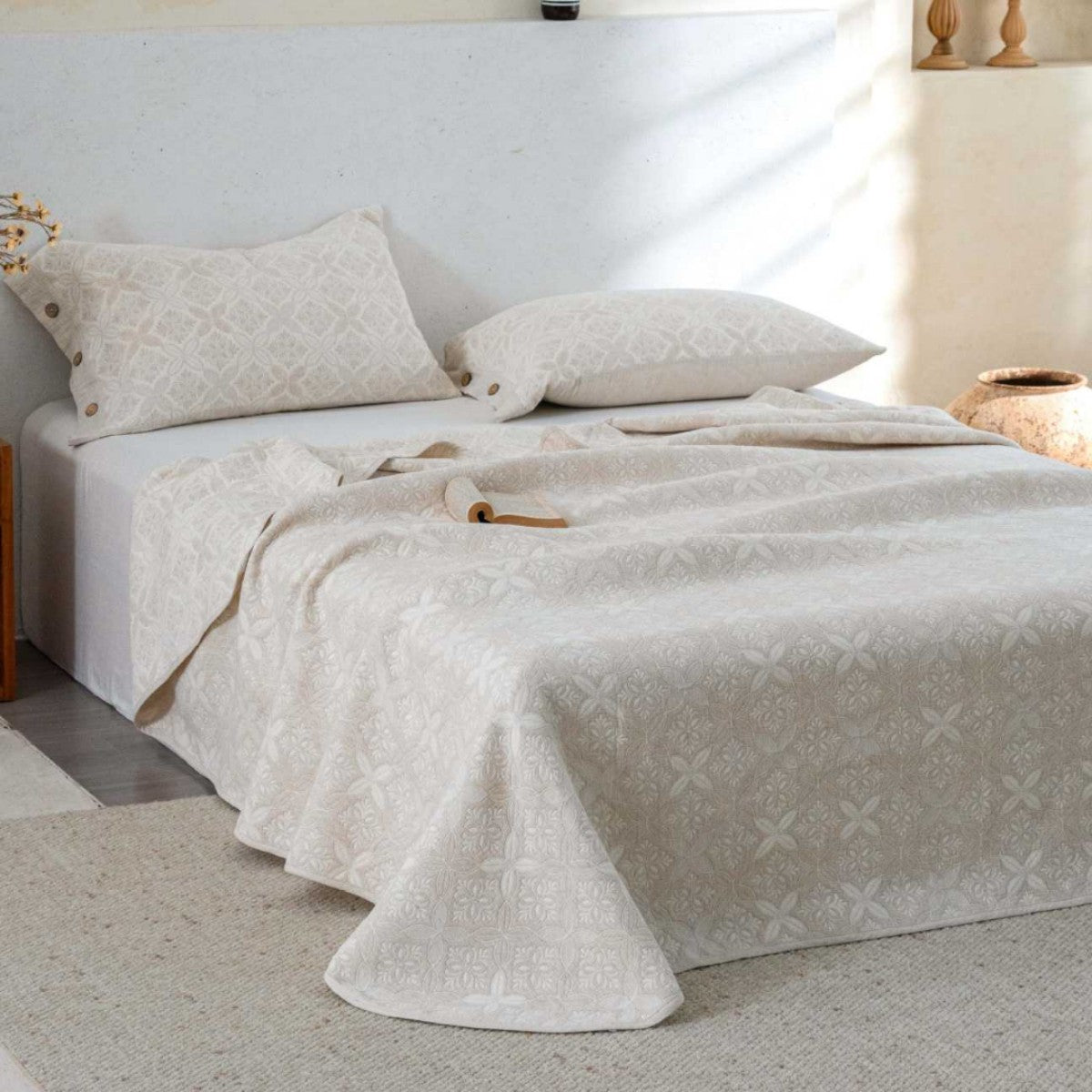 Wendbare Jacquard-Baumwoll-Bettüberwurfset mit Knopfverschluss-Kissenbezügen