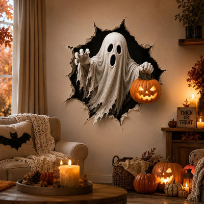Dreidimensionaler Halloween-Wandsticker Hexe mit Loch-in-Wand-Effekt und Kürbislaterne
