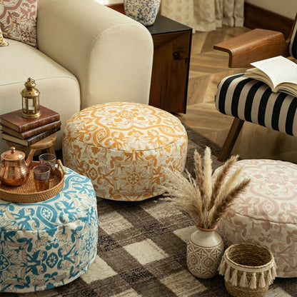 Runder Boden-Pouf mit gewebtem Ornamentmuster und Tragegriff Brehn