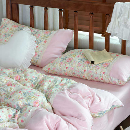Wendbares Baumwoll-Bettwäscheset mit floralem Aquarellprint und Spitzenrand