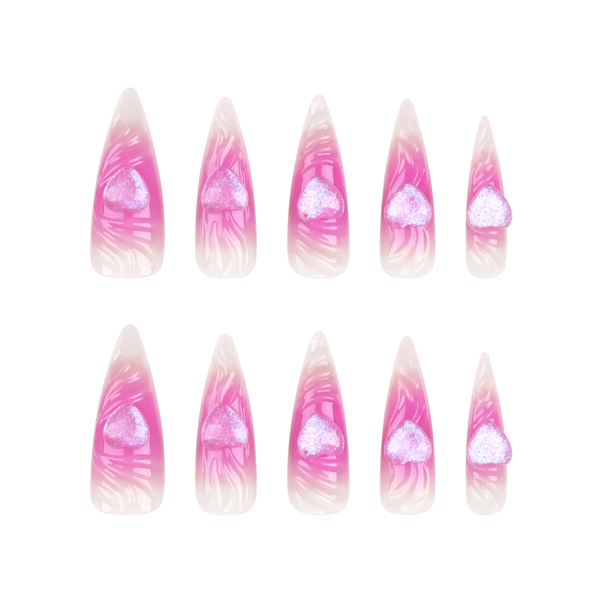 Kunstvolle Stiletto-Nägel mit Herz-Design und Glitzerakzenten Brehn