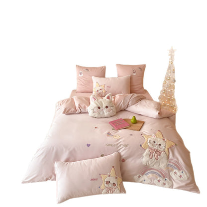 Plüschgesticktes Baumwollsatin Bettwäsche Set mit Katzenmotiv